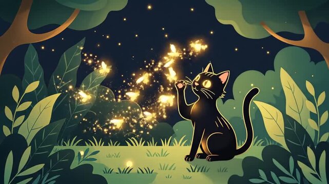 Magical Night: Curious Black Cat And Fireflies In Cartoon Style Forest Illustration