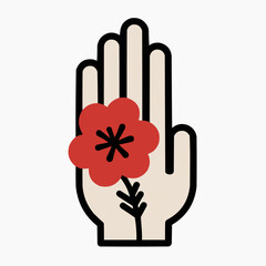 Flat illustration of human palm with one red flower petal resting on it. Minimal design for wellness, self-care or spring-themed packaging, greeting cards or home decor with copy space