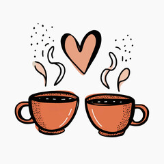 Flat illustration of two terracotta cups with steam forming heart. Minimal design for cafes, wellness brands, romantic packaging or home decor with copy space