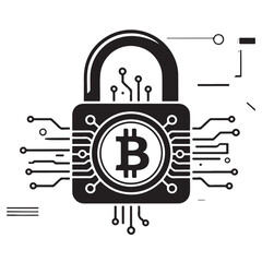 Bitcoin Security Concept in Vector, Featuring Padlock and Circuit Board Design Symbolizing Secure Cryptocurrency Transactions and Blockchain Technology