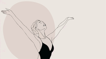 Minimal vector silhouette of elegant woman stretching arms upward in swimsuit. Confidence and freedom concept for wellness, yoga or summer branding with copy space.
