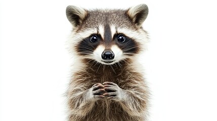 Obraz premium A curious raccoon with its hands clasped together looks directly at the camera with big round eyes.