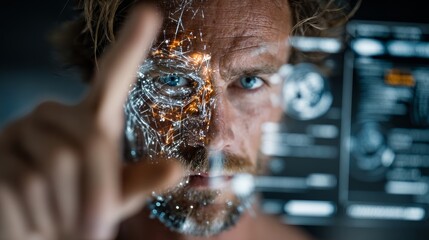 Man using augmented reality interface with futuristic technology, connecting to digital world, innovative mind and machine interface, sci-fi tech concept