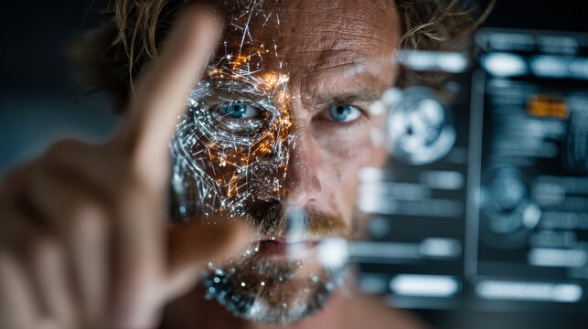 Man using augmented reality interface with futuristic technology, connecting to digital world, innovative mind and machine interface, sci-fi tech concept - Powered by Adobe