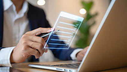 Person using smartphone with checklist interface hovering over laptop transparent background