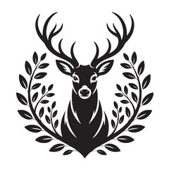 Elegant deer with antlers framed by laurel branches heraldic design for branding nature inspired logo stag head with foliage monochrome vector graphic