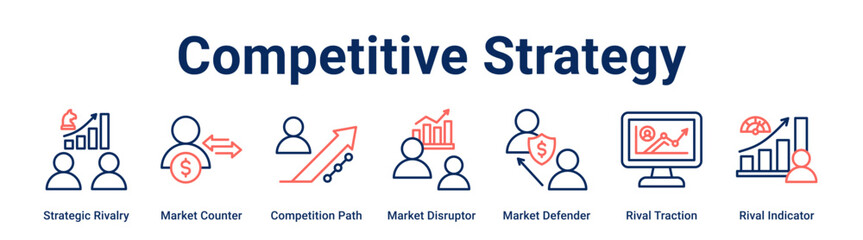 Competitive Strategy web banner icon vector illustration concept for business with icon of Strategic Rivalry, Market Counter, Competition Path, Market Disruptor, Market Defender, Rival Traction.