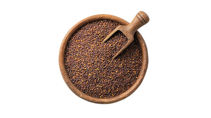 A wooden scoop rests in a bowl filled with brown mustard seeds, isolated on a black background