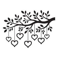 Hanging heart branch design for love and romance themed celebration valentines day decoration with tree branch silhouette and hearts vector graphic