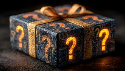 Dark gift box tied with orange ribbon features glowing question marks on sides. Abstract patterns adorn surface, suggesting mystery prize or unknown content. Use for promotions, surprises, or gaming.