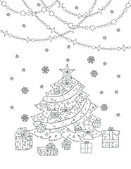 New Year and Christmas coloring page for children and adults. Christmas tree. Christmas symbols. Christmas gifts. Frame. Christmas balls.
