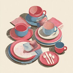 Stylized Stack of Retro Halftone Tableware Featuring Plates, Cups, and Cutlery in a Vibrant Red and Blue Pop Art Aesthetic, with a modern artistic composition.