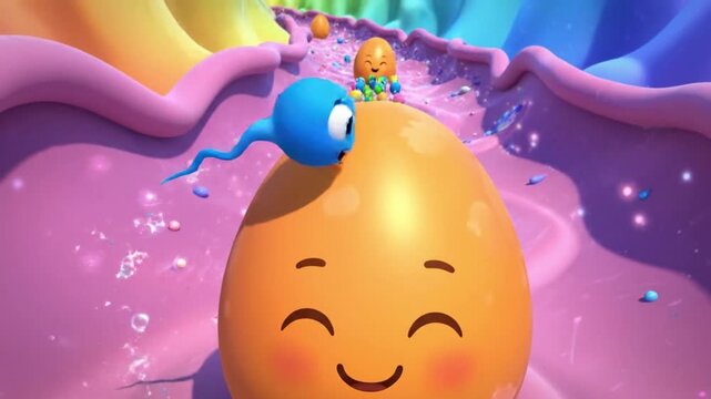 Colorful 3D Animation of Sperm and Egg in Vibrant Environment