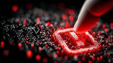 Human finger interacts with glowing red digital interface representing data analysis and futuristic technology in dark abstract background