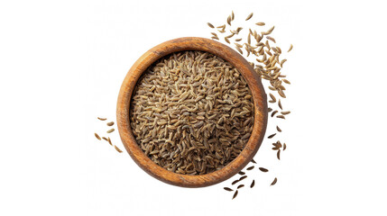 Overhead view of cumin seeds in a rustic wooden bowl, ready for cooking and seasoning