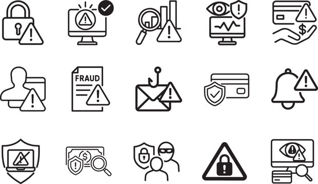   Fraud detection and alert icon set for security, warning, risk monitoring and financial protection.