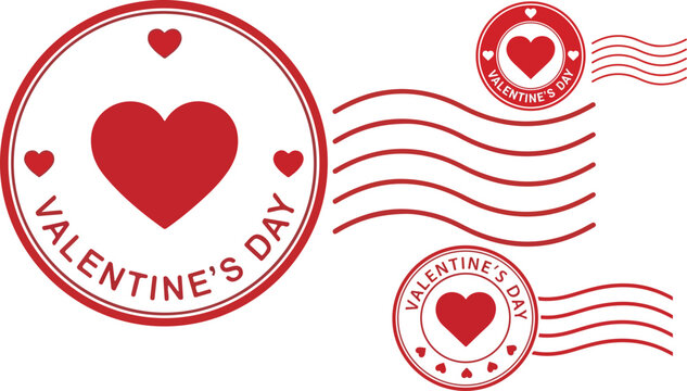 Collection of vintage style red valentine day rubber stamps and postal cancellation marks on transparent background