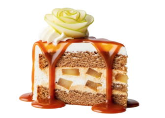 A delectable slice of caramel apple cake with layers and floral garnish