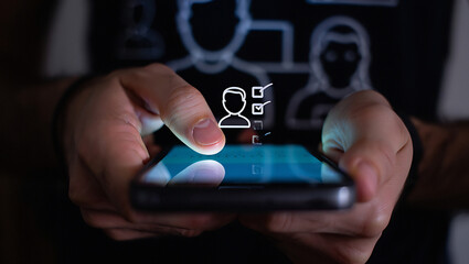 Hands holding smartphone with social media and checkmarks floating above screen transparent background