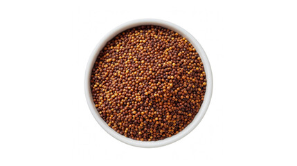 A white bowl filled with brown mustard seeds isolated on a solid black background