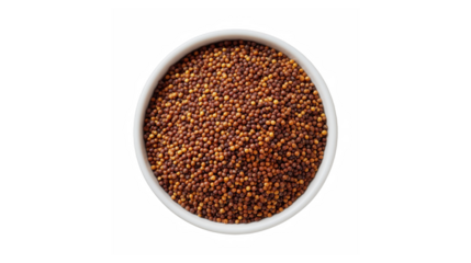 A white bowl filled with brown mustard seeds isolated on a solid black background