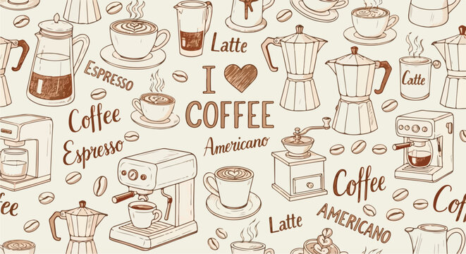Hand drawn vintage sketch seamless pattern featuring various coffee makers espresso machines grinders and drink types on transparent background