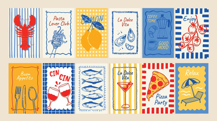 Hand drawn food poster vector set with doodle Mediterranean cuisine and text quote, La Dolce Vita style template featuring seafood, vegetables, pasta and drinks for cafe and social media design