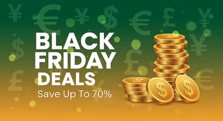 Vibrant Black Friday Deals Banner with Golden Coins and International Currency Symbols.