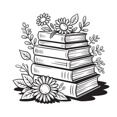 Stack of Books Vector with Floral Accents, Featuring Delicate Flowers and Leaves, Suitable for Education, Reading, and Botanical Designs