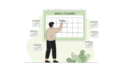 Man planning weekly tasks on a digital calendar, time management concept