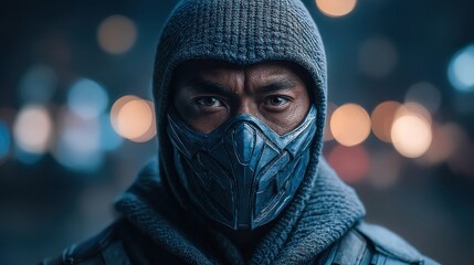 Mysterious figure in a futuristic mask and hood, looking directly at the viewer