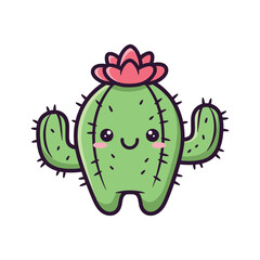 Fototapeta premium Adorable Cartoon Cactus with Pink Flower Illustration