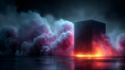 Mysterious dark server rack glows with fiery energy amidst swirling pink and blue smoke, evoking data center power and digital innovation.
