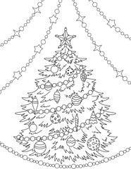 New Year and Christmas coloring page for children and adults. Christmas tree. Christmas symbols. 