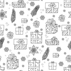 New Year and Christmas coloring page for children and adults.  Christmas symbols. Christmas gifts.