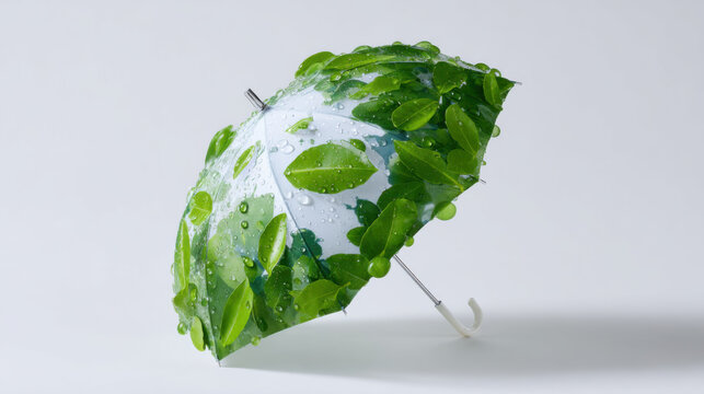 Green leaf umbrella nature canopy eco design water drop fresh foliage white background rain protection sustainability wet surface spring mood creative concept illustration