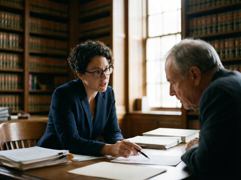 Female attorney consulting with a senior male client over legal documents in a classic law library, explaining contract details with professional focus.