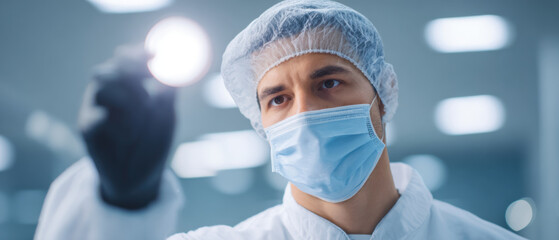 Cleanroom worker scientist mask medical face mask protective hair net laboratory worker surgical gown sterile environment silicon wafer quality control inspection focus young adult male scientist