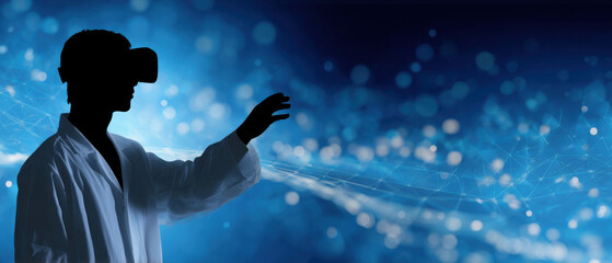 Scientist silhouette goggles virtual reality headset digital wave network background research innovation concept