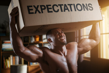 Man struggling to lift cardboard box labeled "expectations" in sunlit room, symbolizing male societal pressure and emotional burden