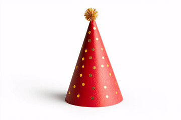 Red paper party hat with golden dots and pompom on white background