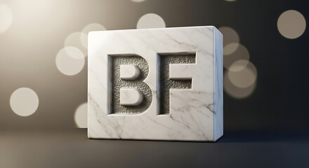 Elegant 3D rendering of 'BF' initials carved into a luxurious white marble block with a metallic textured interior and soft bokeh background.