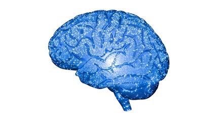 Blue digital brain with glowing white light particles and neural network connections on white background