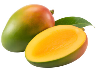 Whole Mango and Sliced Open Mango with Green Leaves, Fresh Tropical Fruit Closeup on transparent background