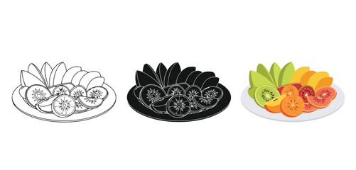 Fruit Platter Vector Set in Three Styles &mdash; Line Art, Silhouette and Color Version for Islamic Design, App UI, Posters and Branding