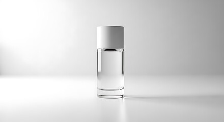 Clear glass bottle with white cap filled with transparent liquid on a white surface image