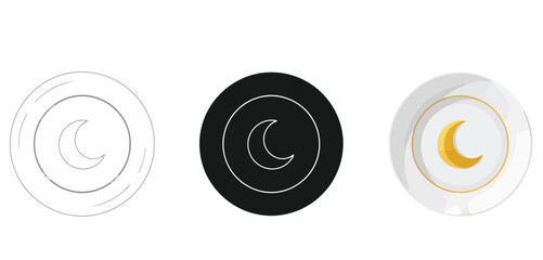 Minimalist Moon Phases Icons Vector Set in Three Styles &mdash; Line Art, Silhouette and Color Version for Islamic Design, App UI, Posters and Branding	