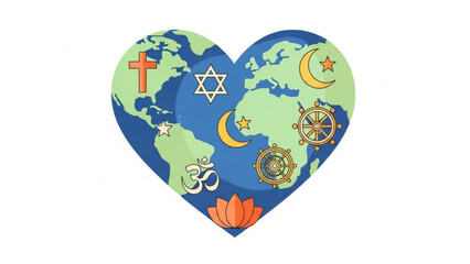 Heart shaped earth with diverse religious symbols representing global unity and harmony