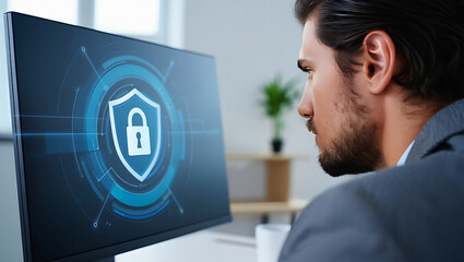 Man looking at computer screen with blue shield and lock symbol transparent background