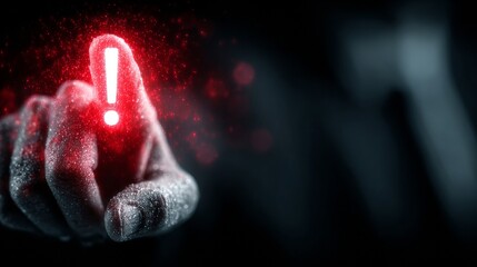 Urgent warning alert glowing bright red exclamation mark on finger, digital danger concept, critical alert notification, cybersecurity threat, system error, immediate action needed